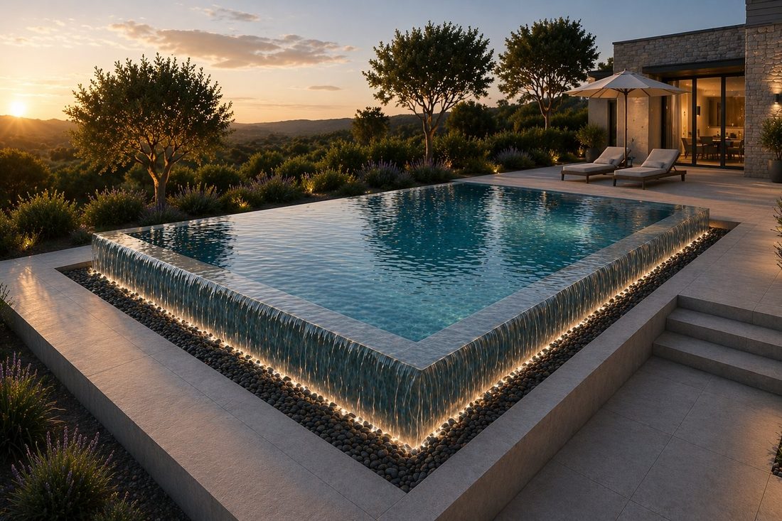 Piscine à débordement avec pool house — plans techniques et insertion