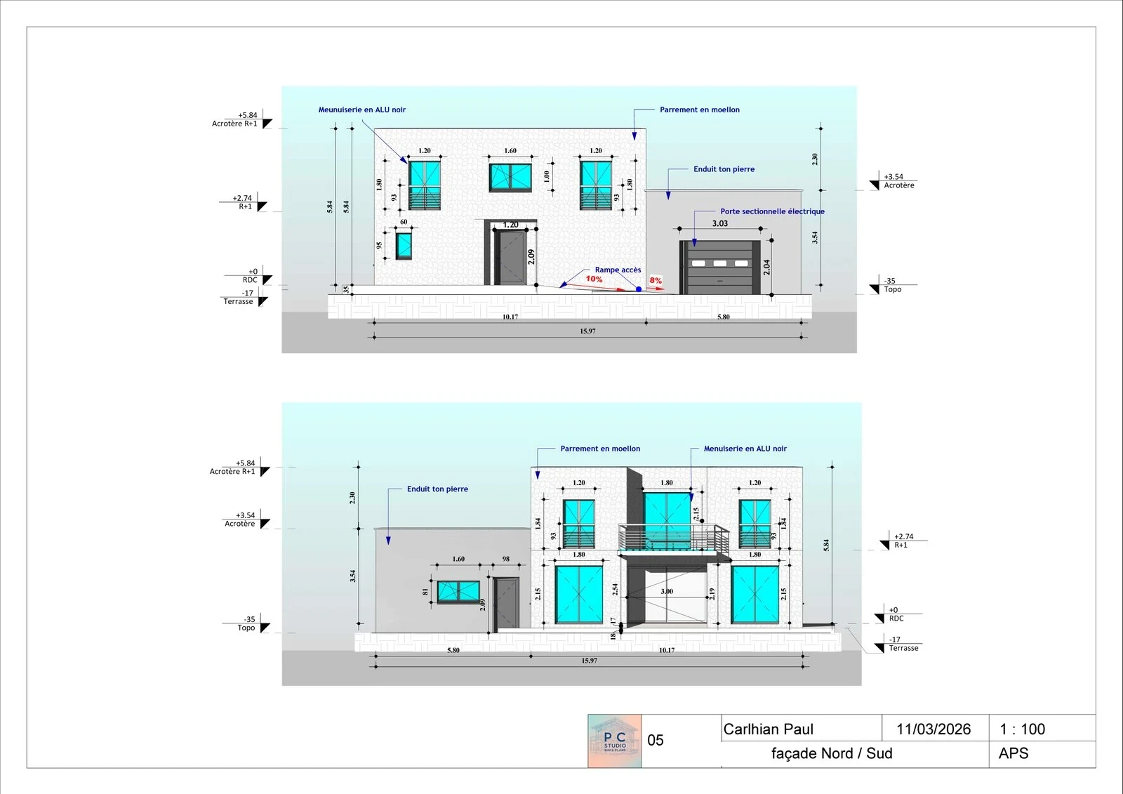 Façades Nord et Sud du pavillon — mise en conformité PMR