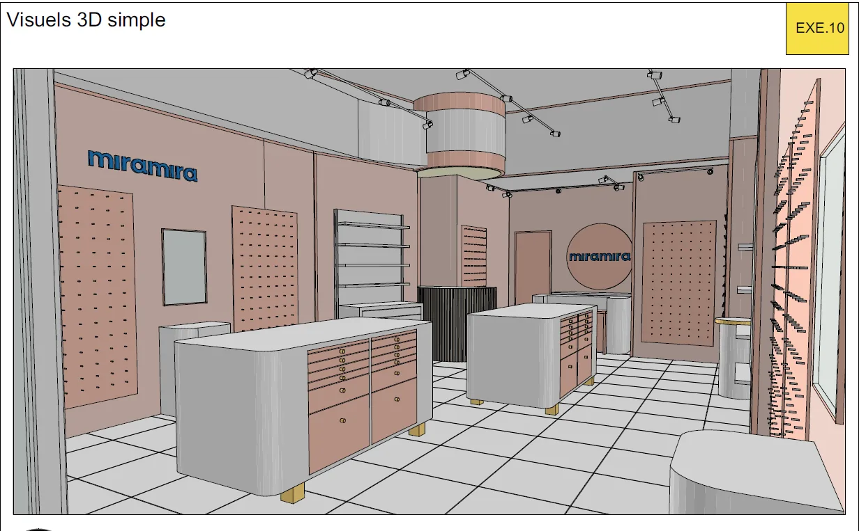 Aménagement intérieur du magasin Miramira — visualisation 3D de l'espace de vente