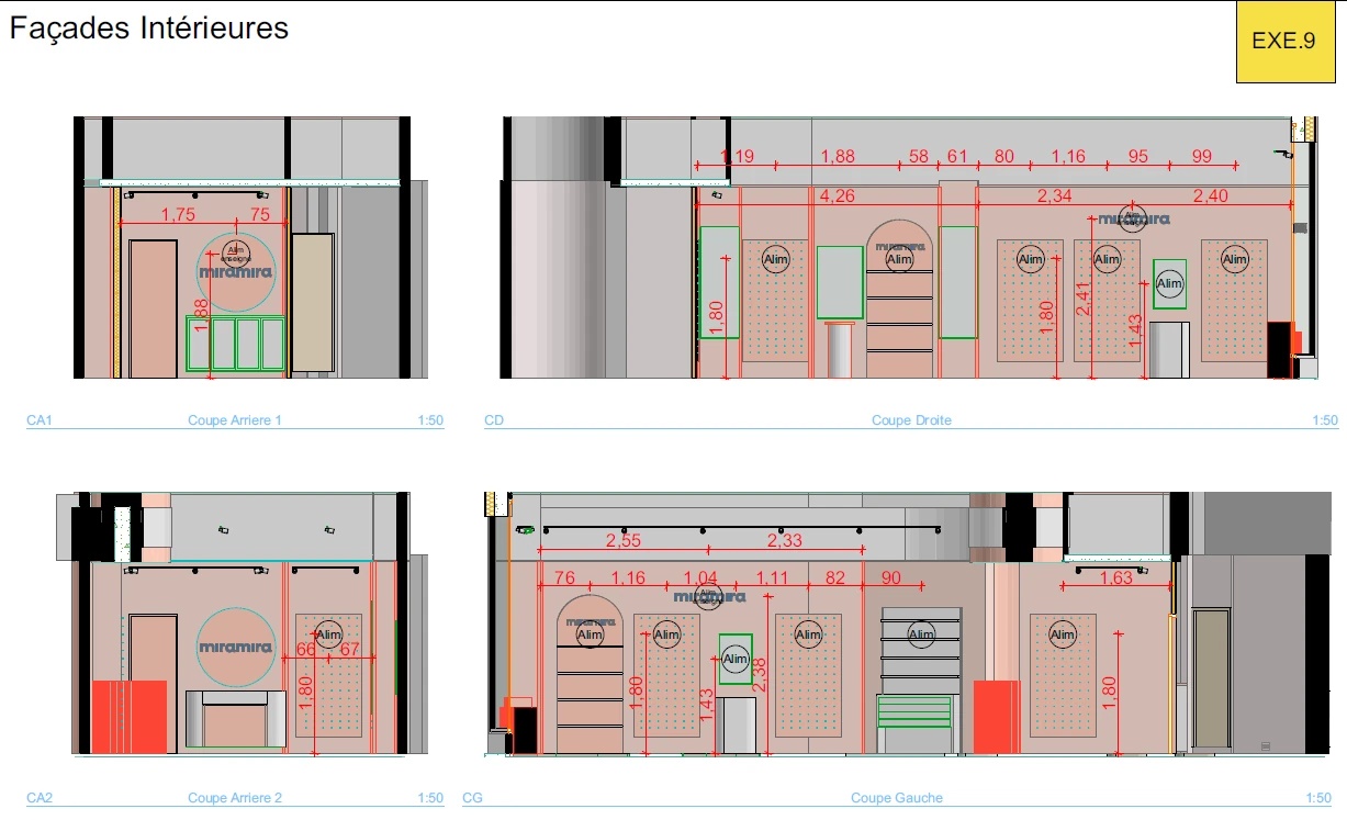 Façades intérieures du magasin Miramira — plan technique coté