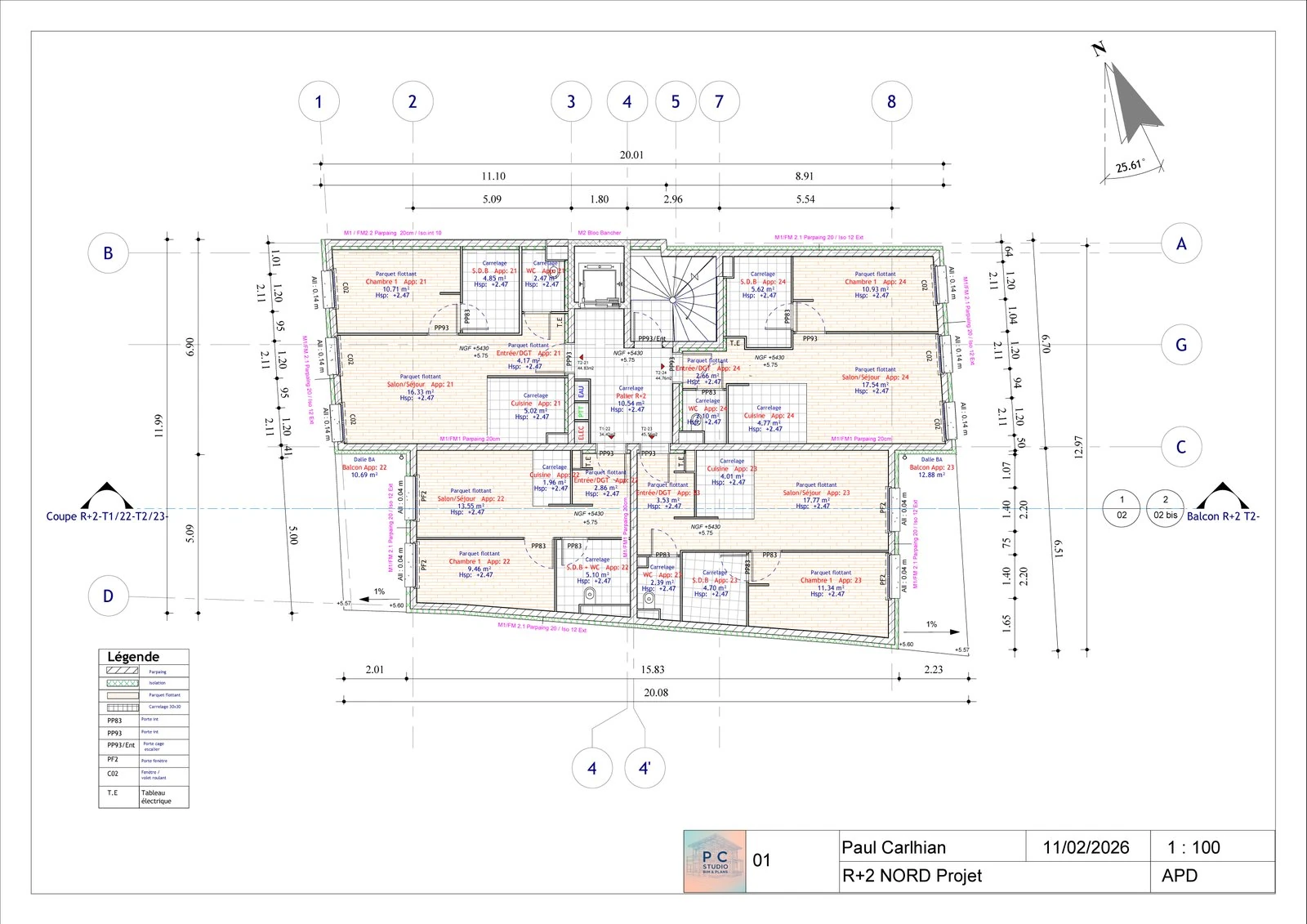 Plan de niveau R+2 de l'immeuble collectif — logements T1 et T2