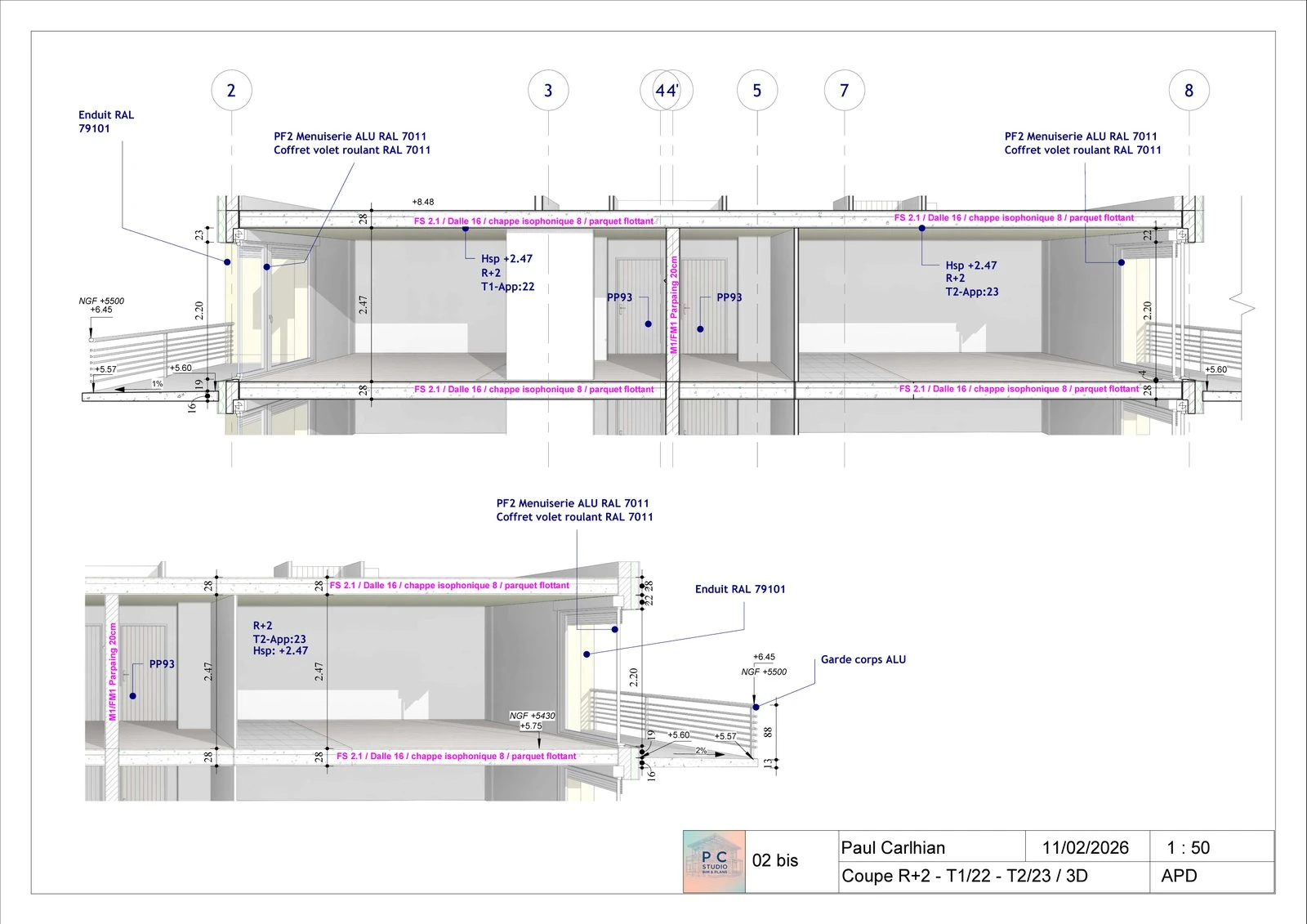 Coupe R+2 de l'immeuble collectif — logements T1 et T2