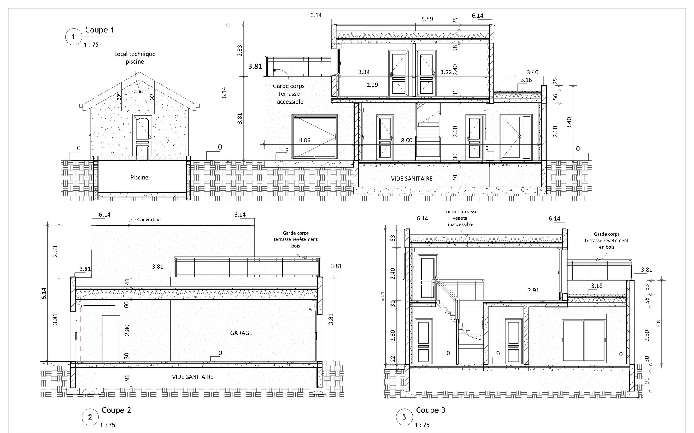 Coupe technique de la maison individuelle — niveaux et vide sanitaire