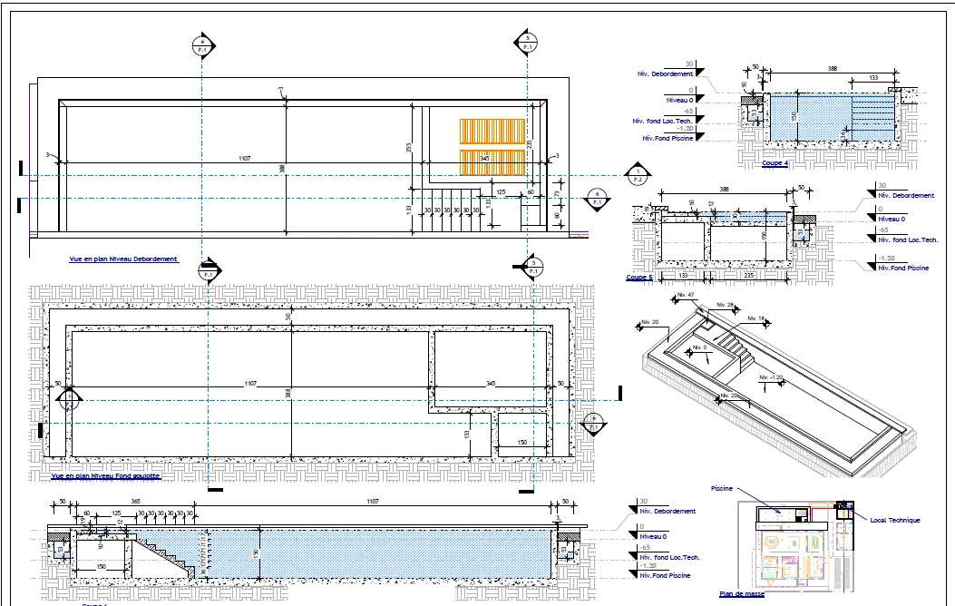 Vue en plan niveau débordement — piscine à débordement