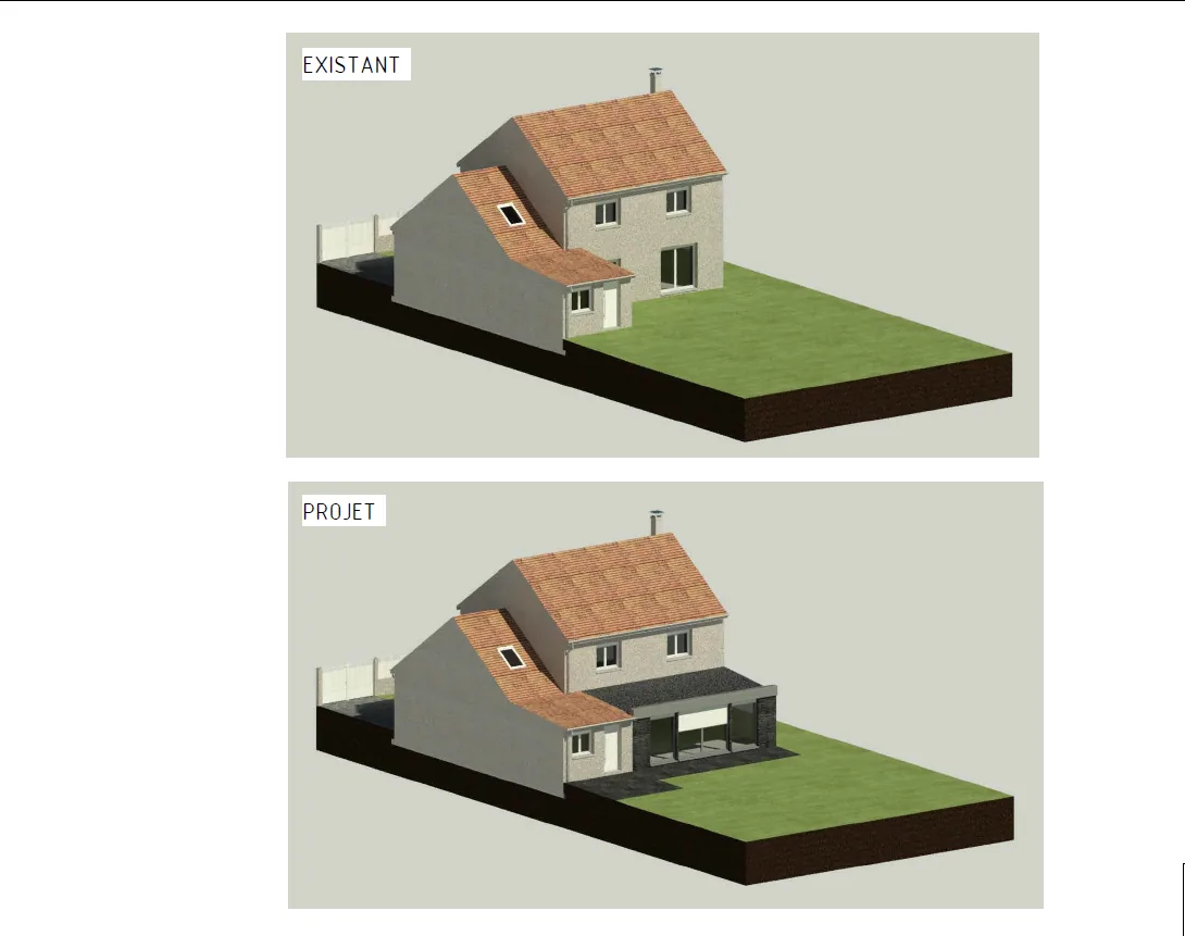 Projet de véranda — comparaison de l'état existant et de l'extension projetée