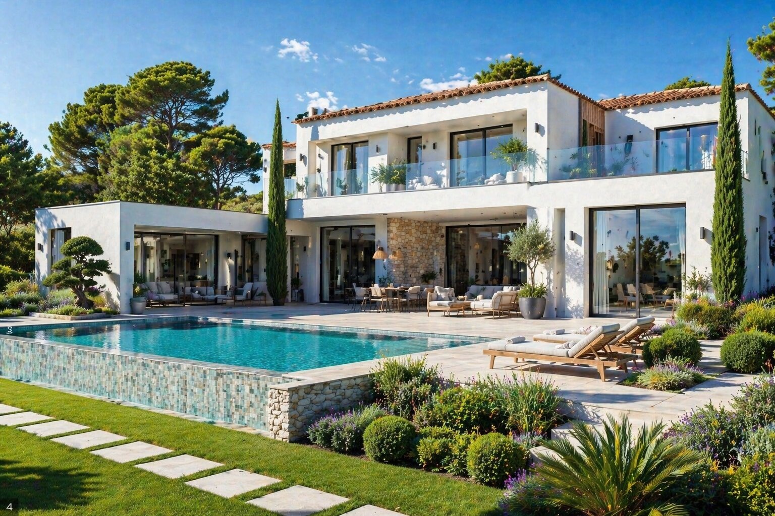 Étude architecturale — vue bord de piscine et terrasse